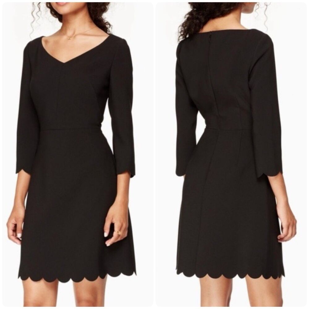Kate Spade New York Black Scallop Hem Crepe 3/4 Sleeve Classy Mini Dress sz 4